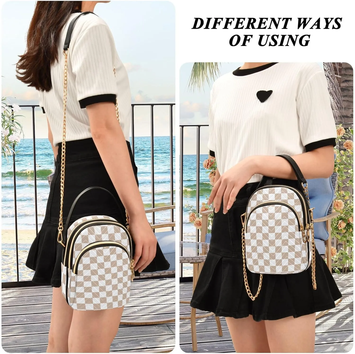 Black White Checkered Crossbody Bag for Women Shoulder Handbag Ladies Purse Cell Phone Tote Bags
