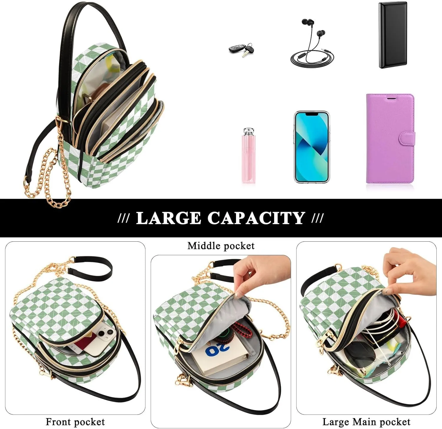Black White Checkered Crossbody Bag for Women Shoulder Handbag Ladies Purse Cell Phone Tote Bags