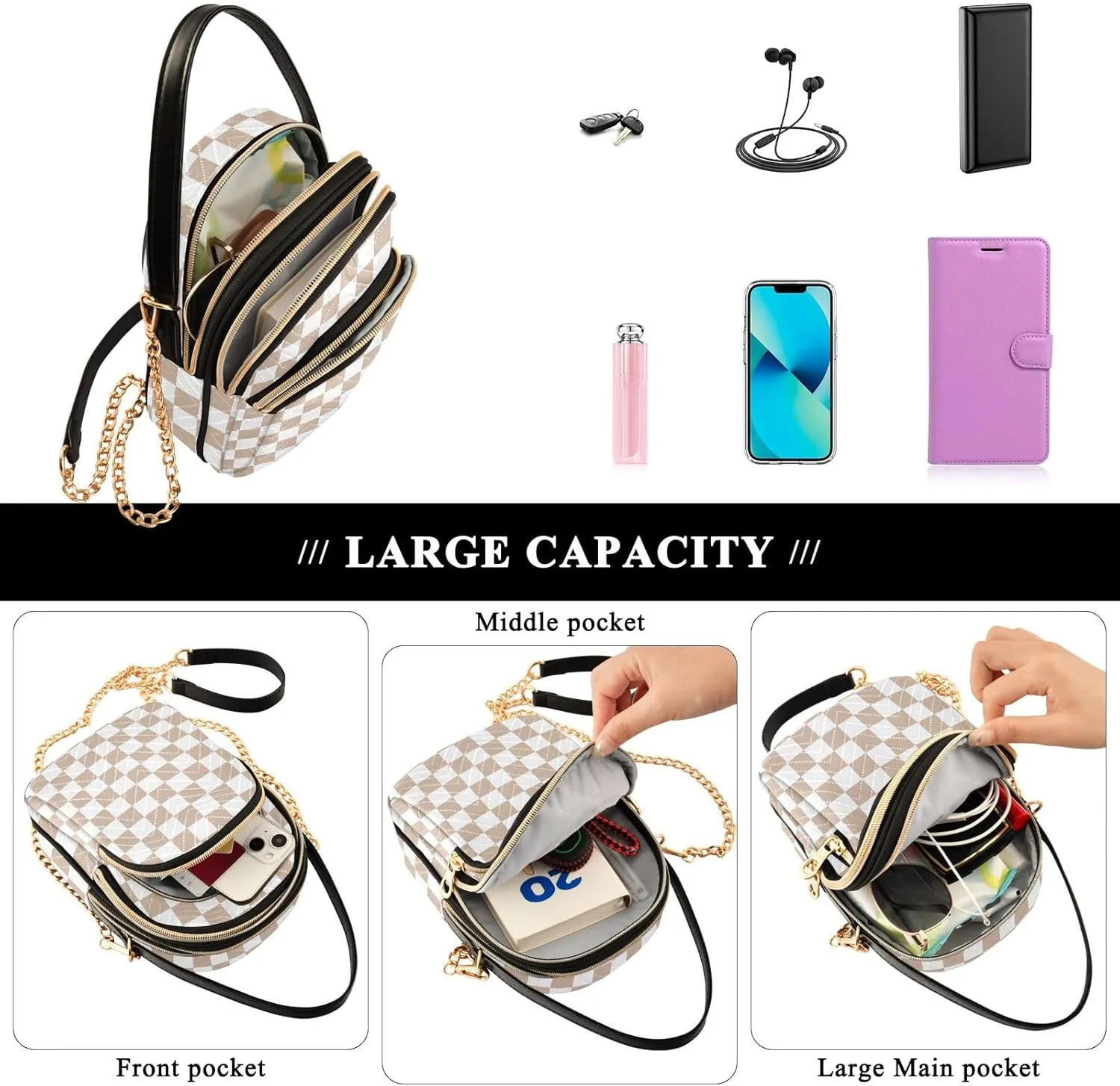 Black White Checkered Crossbody Bag for Women Shoulder Handbag Ladies Purse Cell Phone Tote Bags