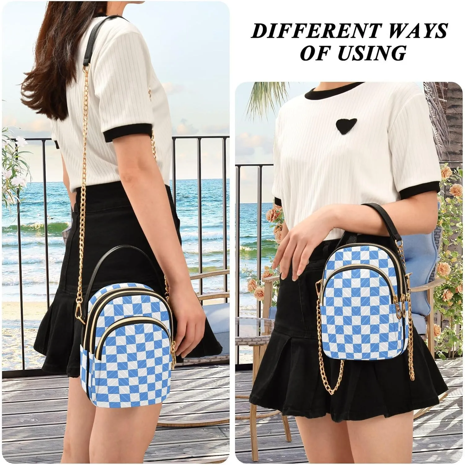 Black White Checkered Crossbody Bag for Women Shoulder Handbag Ladies Purse Cell Phone Tote Bags