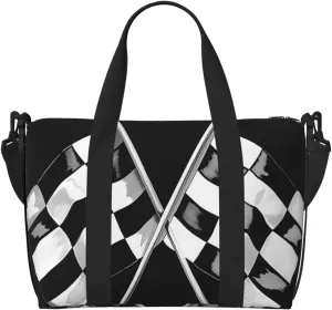 Black White Formula Checkered Flags Pattern Printed Travel Duffel Bag for Men Women Shoulder Weekender Overnight Bags for for Beach Swim Sports Gym