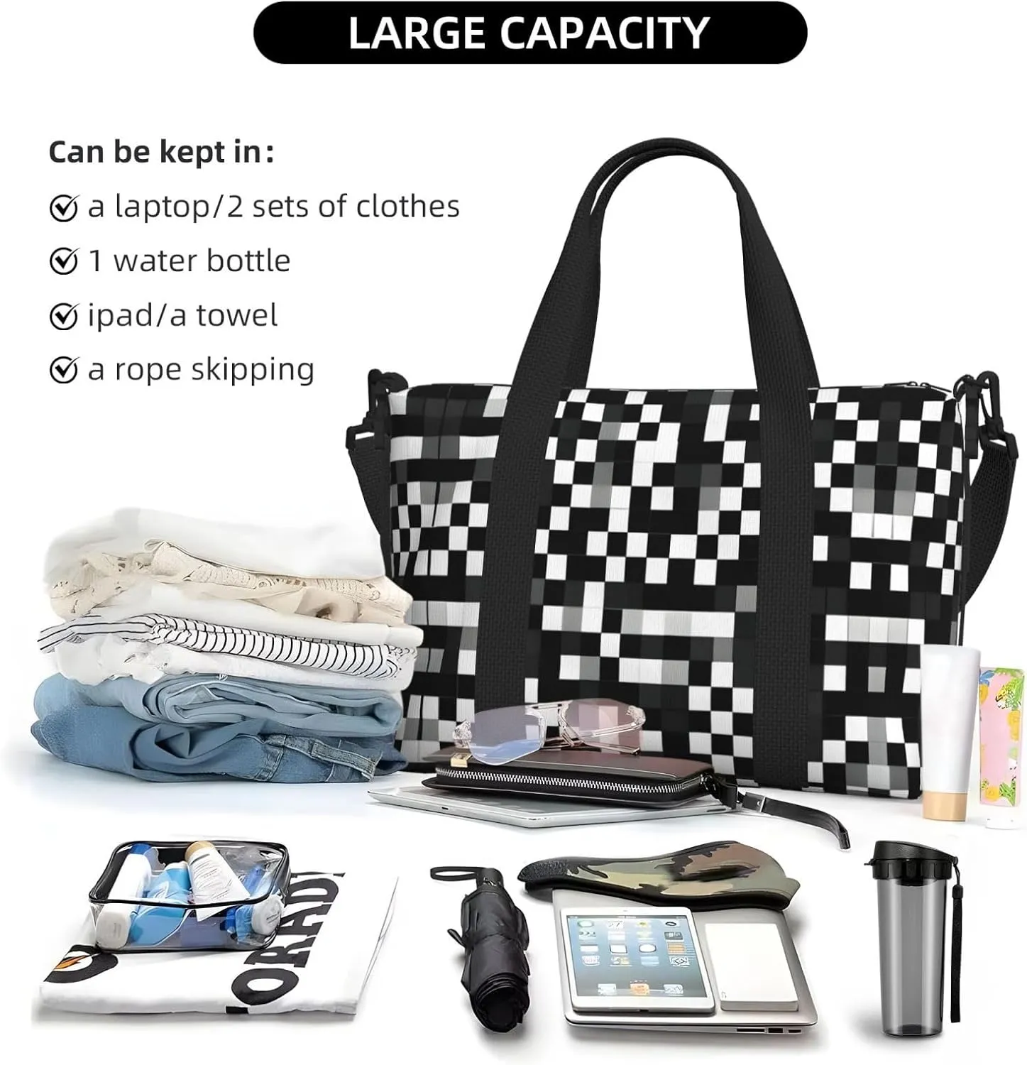 Black White Formula Checkered Pattern Small Duffel Bag Foldable Travel Bag Weekender Bag Overnight Gym Hospital Bags For Women&Men