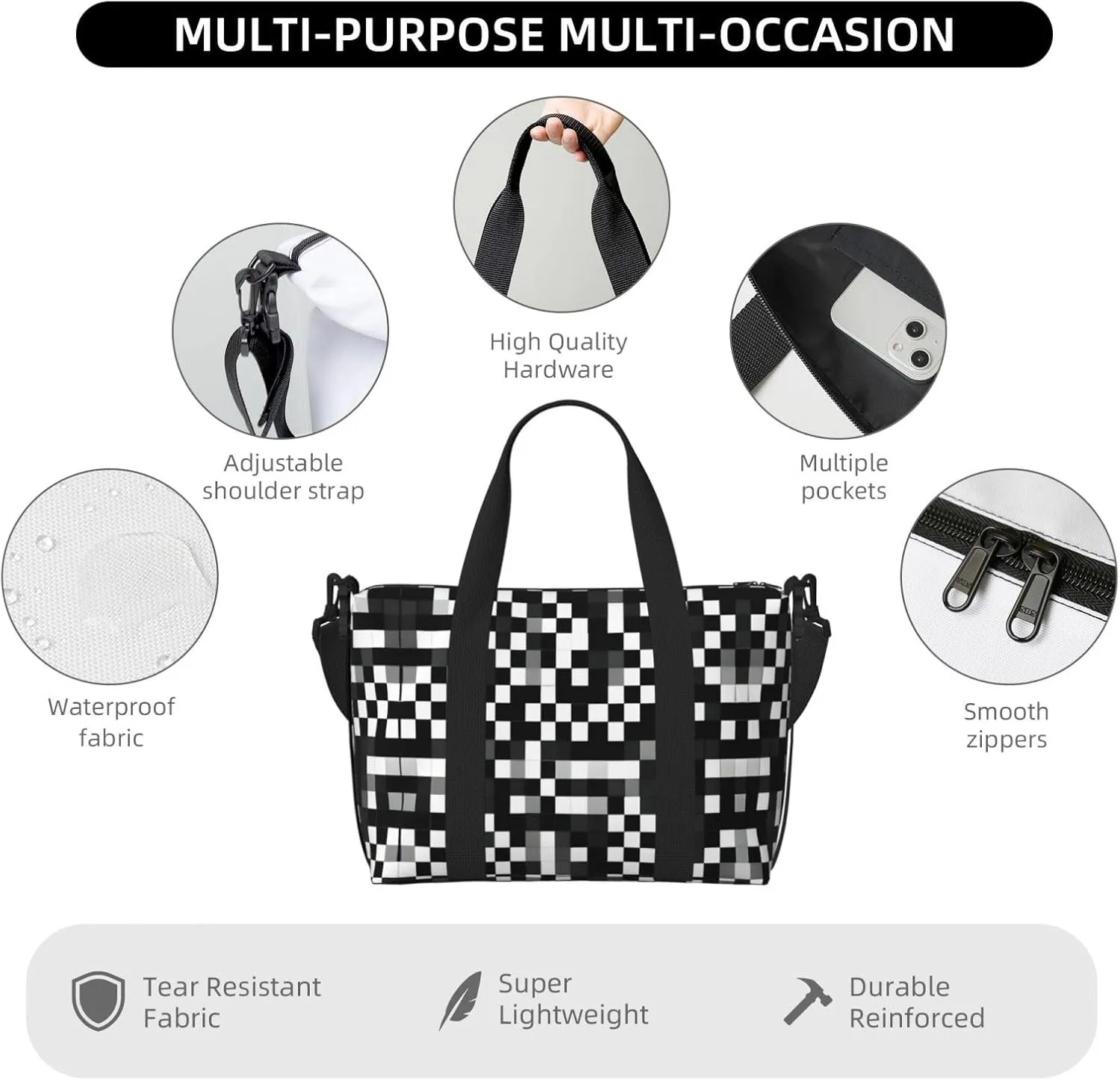 Black White Formula Checkered Pattern Small Duffel Bag Foldable Travel Bag Weekender Bag Overnight Gym Hospital Bags For Women&Men