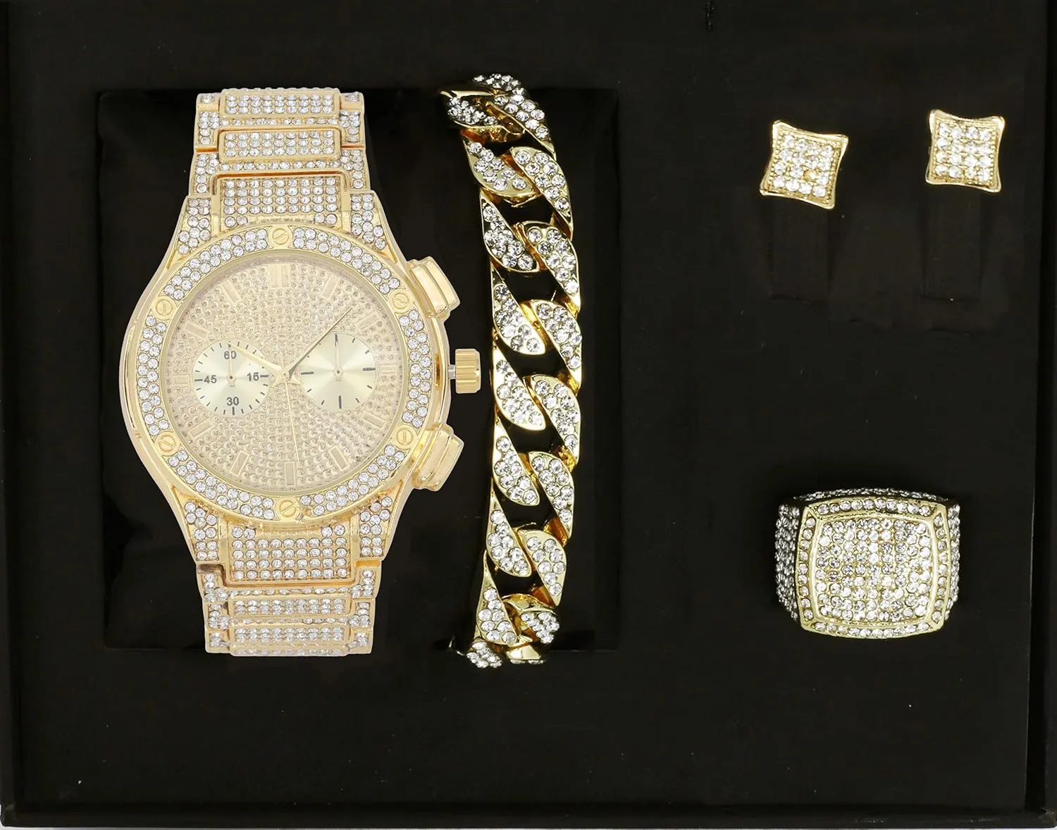 Bling-ed Out It's Lit! Hip Hop Watch & Jewerly Set w/Cuban Chain Bracelet, Kite Bling Earrings & Ring - GJM13
