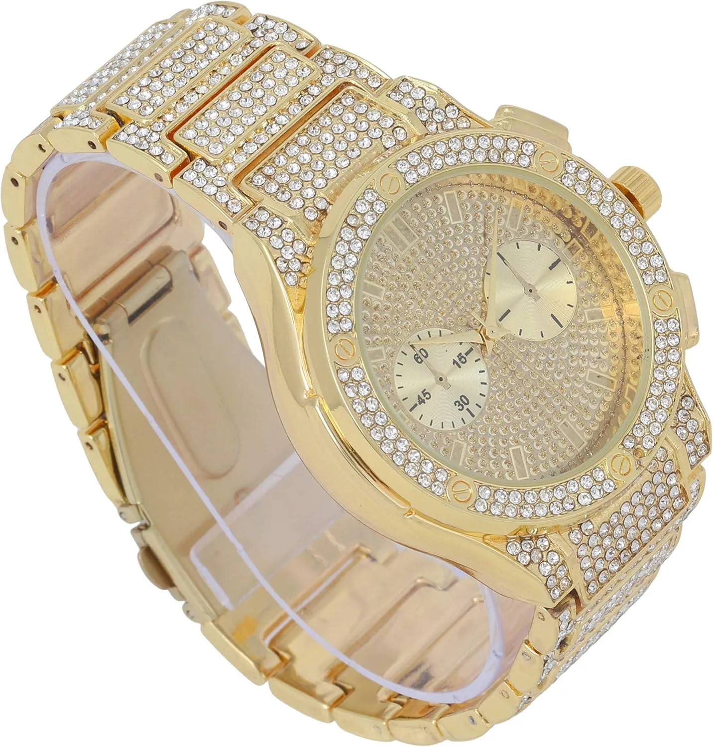 Bling-ed Out It's Lit! Hip Hop Watch & Jewerly Set w/Cuban Chain Bracelet, Kite Bling Earrings & Ring - GJM13