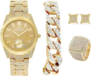 Bling-ed Out It's Lit! Hip Hop Watch & Jewerly Set w/Cuban Chain Bracelet, Kite Bling Earrings & Ring - GJM13