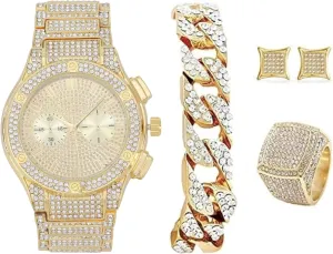 Bling-ed Out It's Lit! Hip Hop Watch & Jewerly Set w/Cuban Chain Bracelet, Kite Bling Earrings & Ring - GJM13