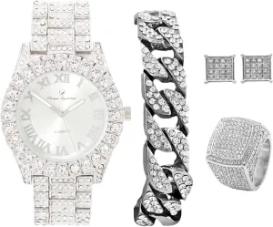 Bling-ed Out It's Lit! Hip Hop Watch & Jewerly Set w/Cuban Chain Bracelet, Kite Bling Earrings & Ring - GJM13