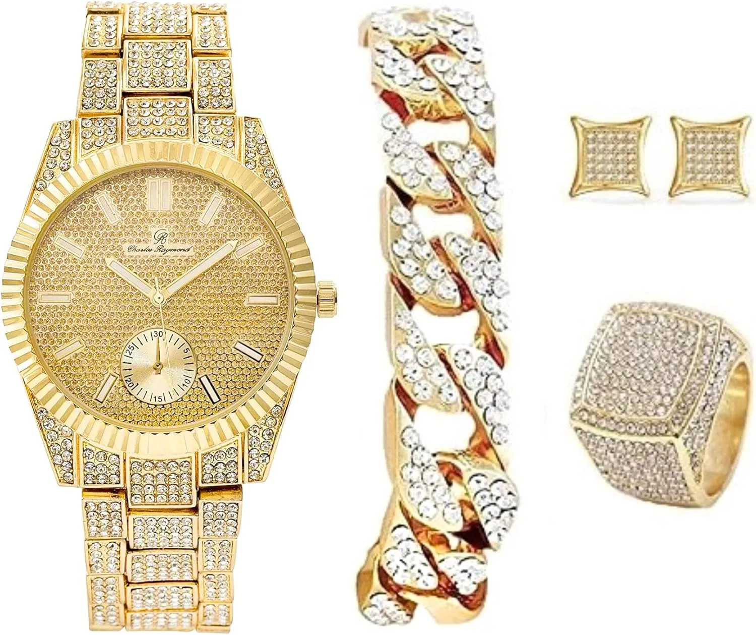 Bling-ed Out It's Lit! Hip Hop Watch & Jewerly Set w/Cuban Chain Bracelet, Kite Bling Earrings & Ring - GJM13