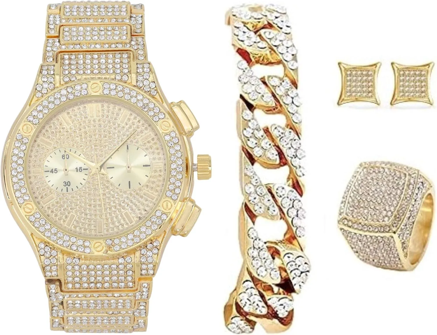 Bling-ed Out It's Lit! Hip Hop Watch & Jewerly Set w/Cuban Chain Bracelet, Kite Bling Earrings & Ring - GJM13