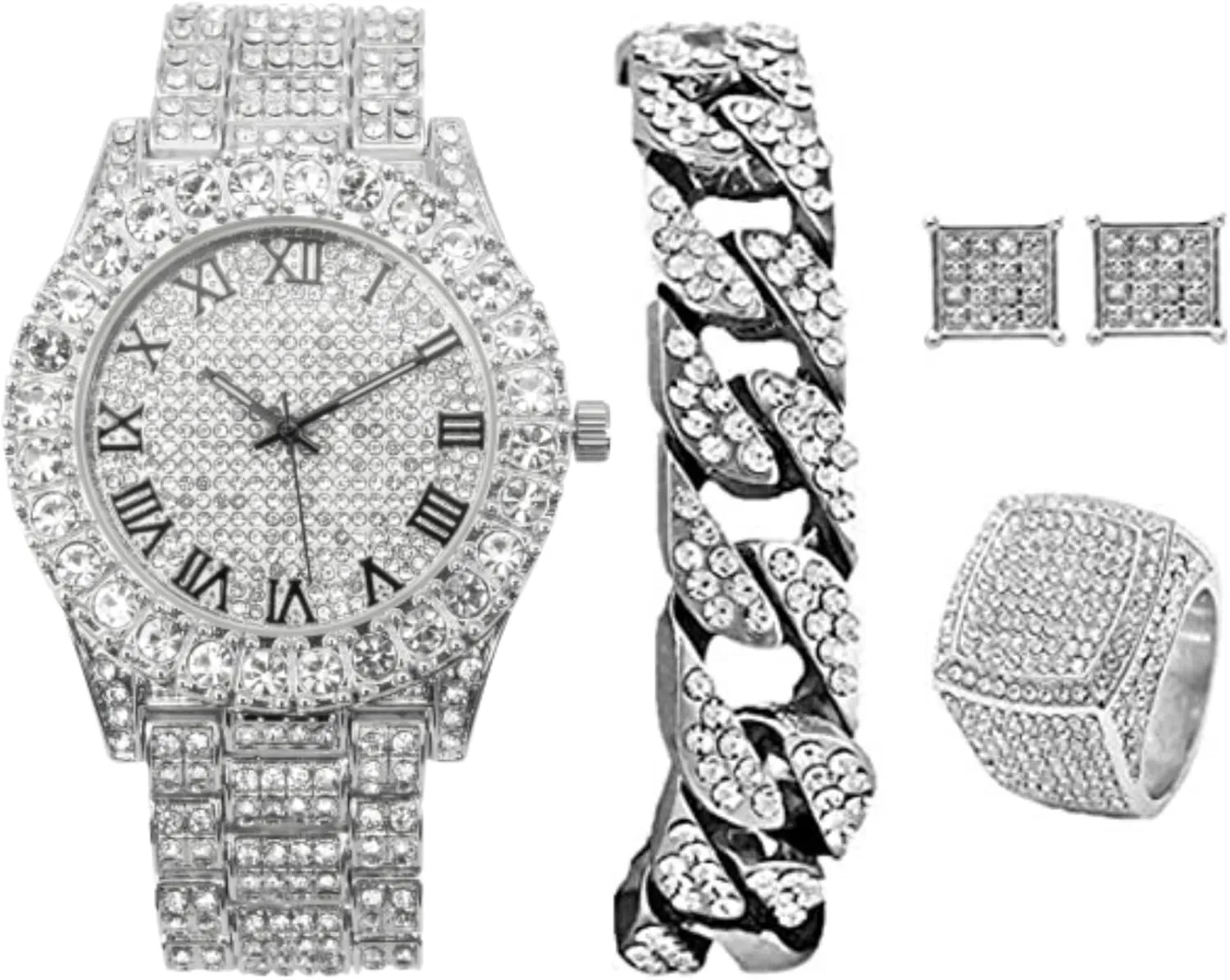 Bling-ed Out It's Lit! Hip Hop Watch & Jewerly Set w/Cuban Chain Bracelet, Kite Bling Earrings & Ring - GJM13