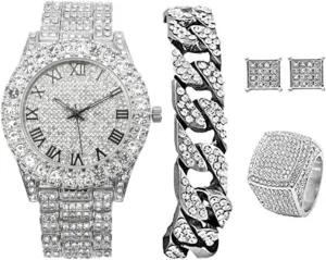 Bling-ed Out It's Lit! Hip Hop Watch & Jewerly Set w/Cuban Chain Bracelet, Kite Bling Earrings & Ring - GJM13