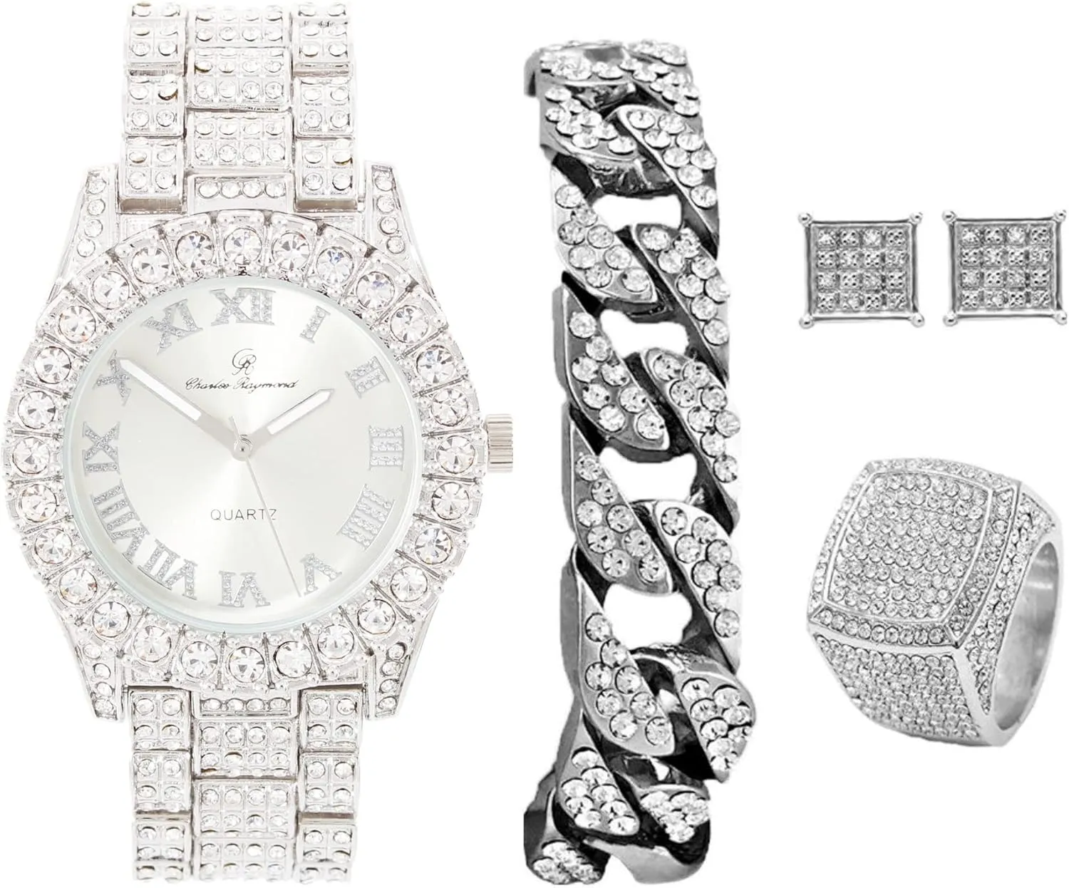 Bling-ed Out It's Lit! Hip Hop Watch & Jewerly Set w/Cuban Chain Bracelet, Kite Bling Earrings & Ring - GJM13