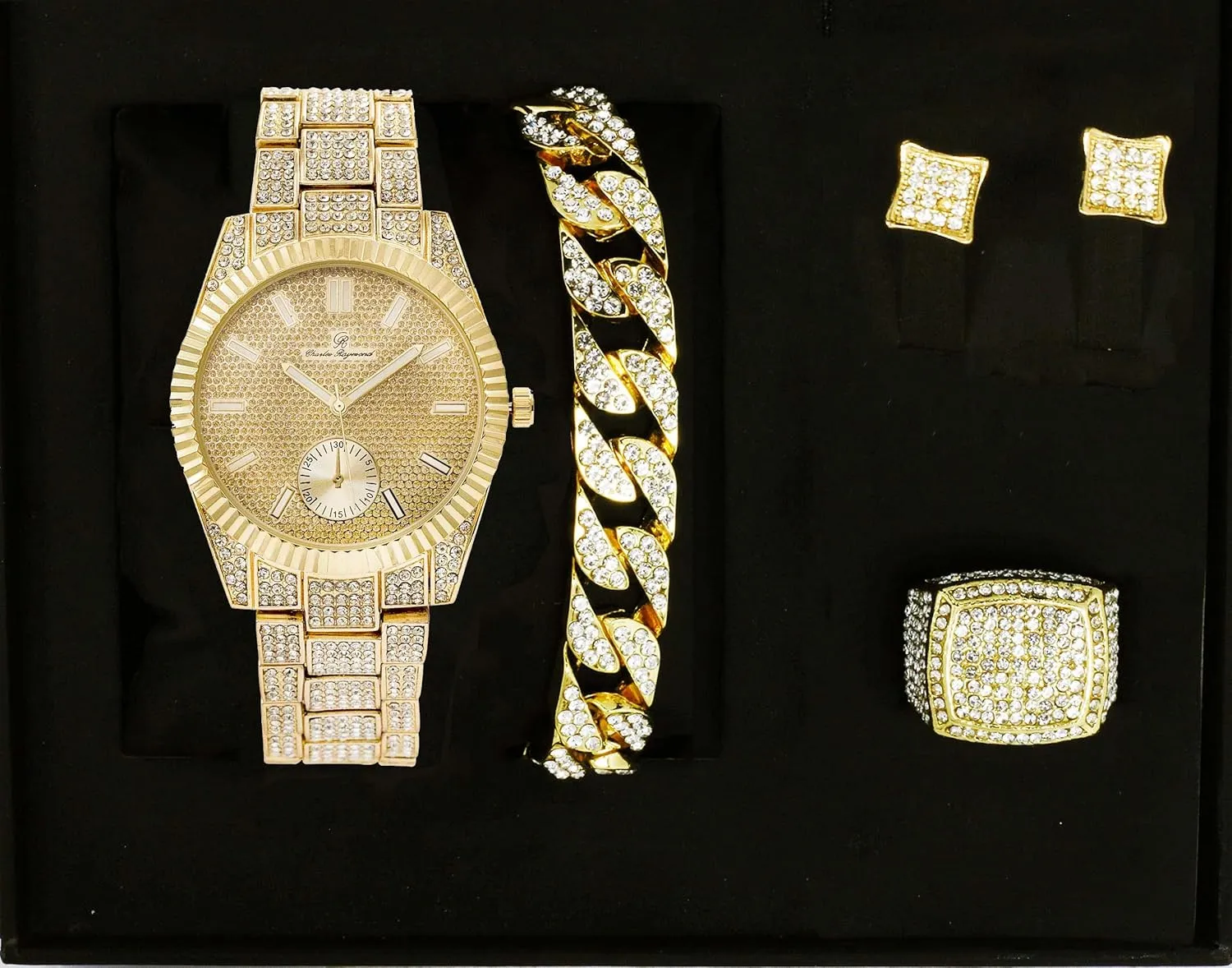 Bling-ed Out It's Lit! Hip Hop Watch & Jewerly Set w/Cuban Chain Bracelet, Kite Bling Earrings & Ring - GJM13