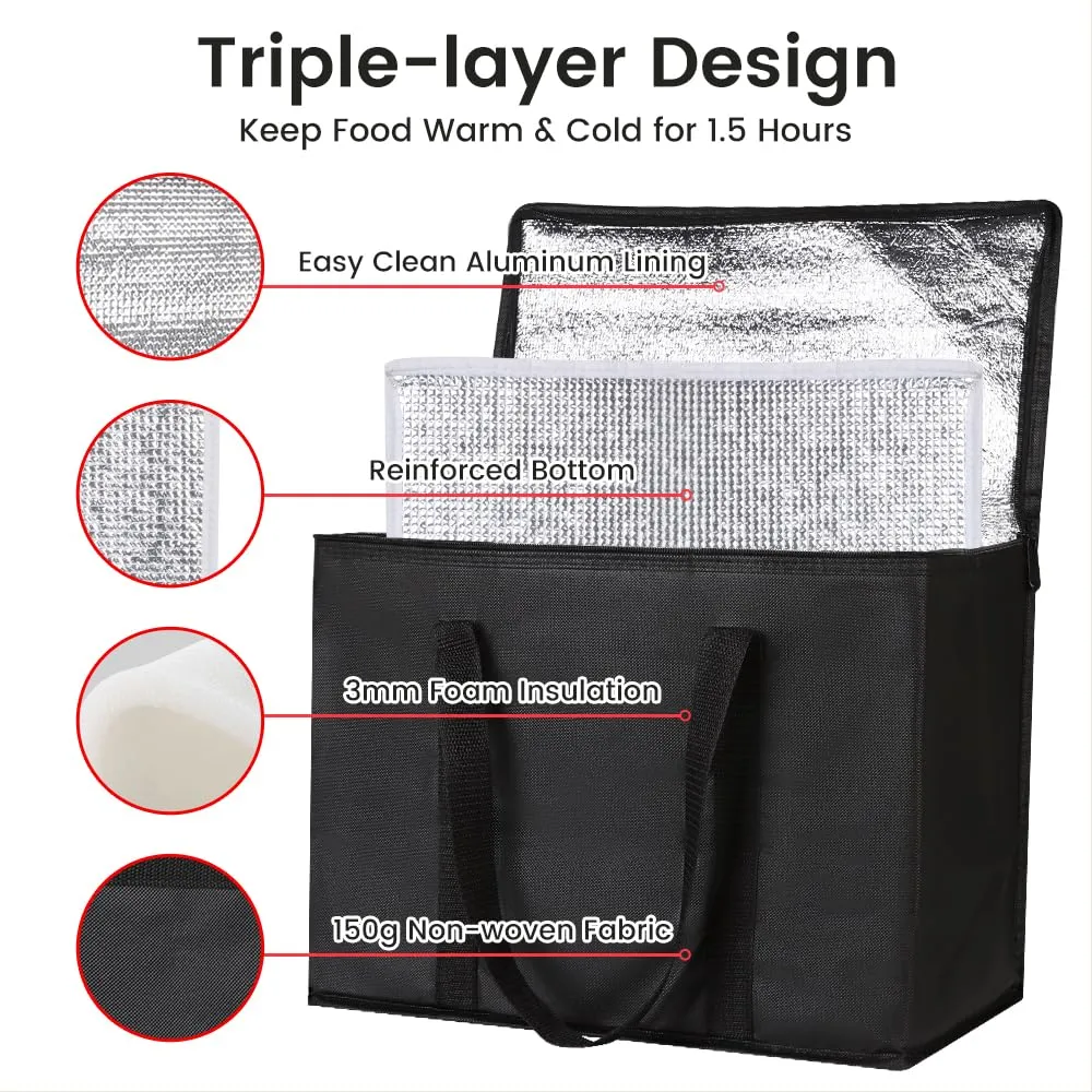 Bodaon 2-Pack Insulated Food Delivery Bag With Hard Bottom, XL Pizze Cooler Bags, Thermal Cold/Hot Styrofoam Carrier for Doordash/Travel/Shopping/Catering/Car, Dashers Door Dash Accessories