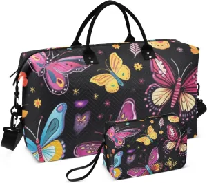 Bolaz Duffle Bag for Travel-Colorful Floral Butterfly，Weekender Overnight Bag with Wet Pocket for Women，Large Carry On Airport Bag with Toiletry Bag for Travel, Business Trips, Sports