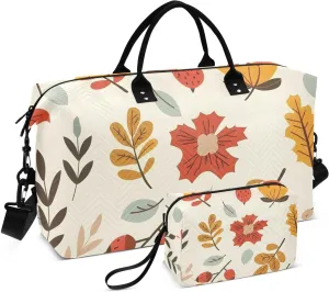 Bolaz Duffle Bag for Travel-Simple Leaves Flowers and Acorn Autumn Pattern-，Weekender Overnight Bag with Wet Pocket for Women，Large Carry On Airport Bag with Toiletry Bag for Travel