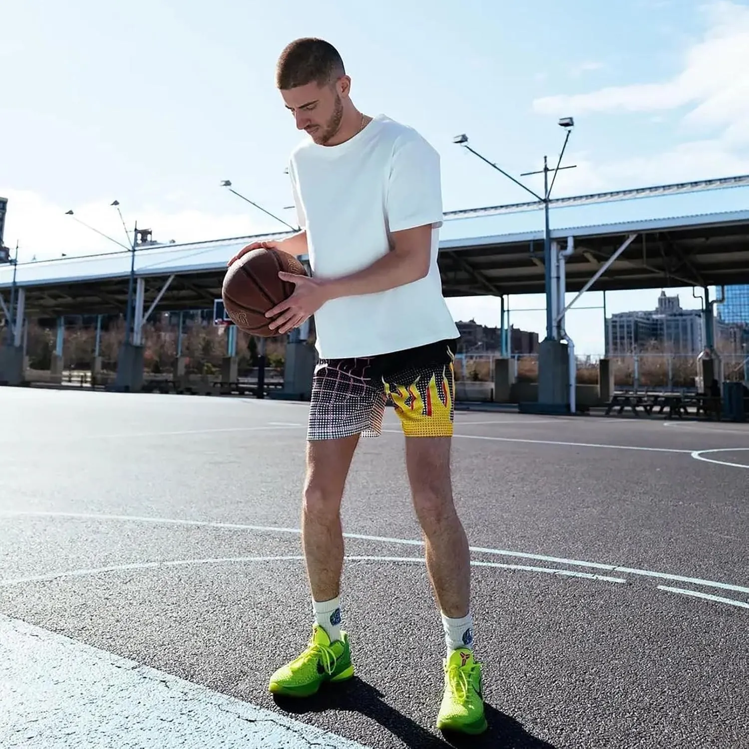 BOOMLEMON Men's Basketball Shorts Casual Workout Athletic Shorts Mesh Flame Graphic Print Running Short Pants