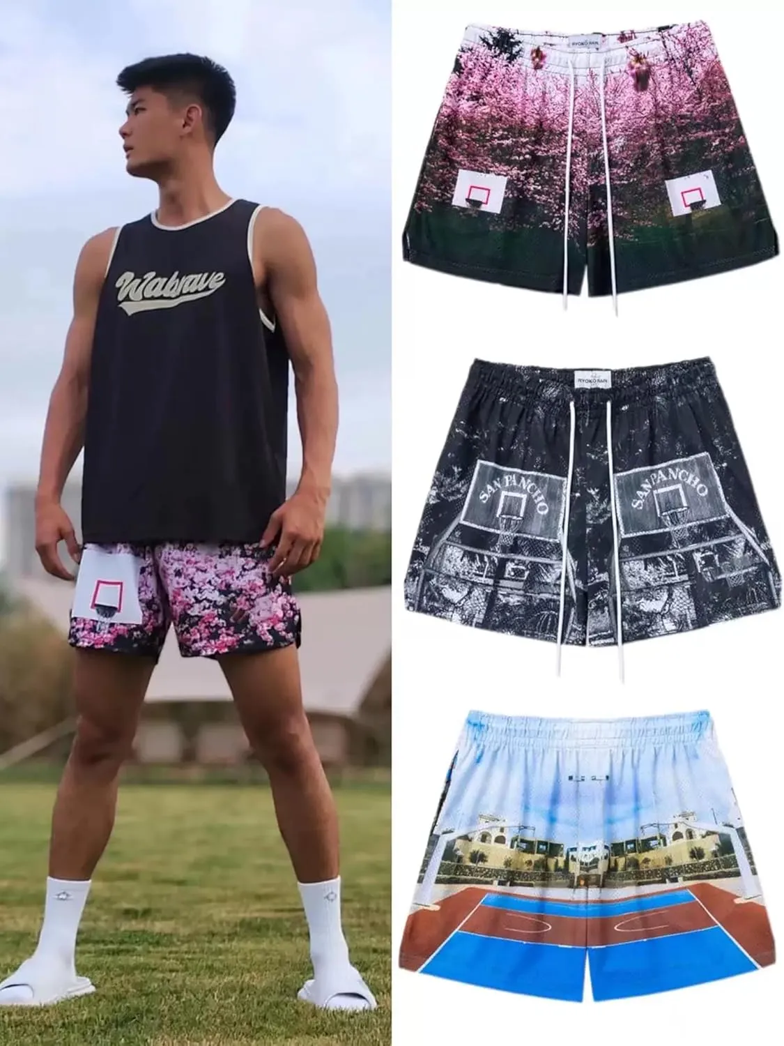 BOOMLEMON Mens Mesh Graphic Print Shorts Summer Basketball Running Shorts Retro Casual Cool Streetwear Short Pants