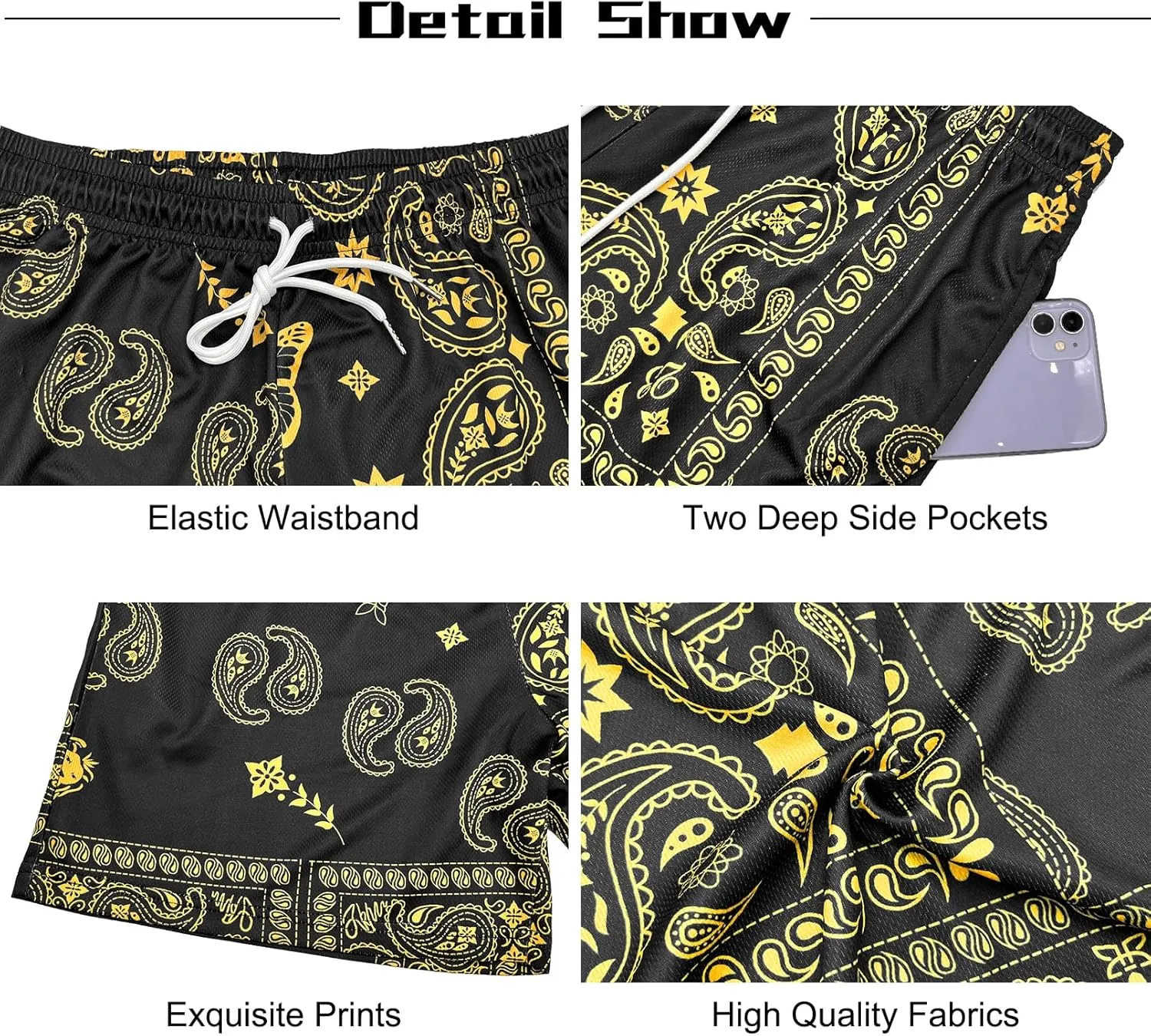 BOOMLEMON Mens Paisley Shorts Mesh Graphic Print Retro Casual Shorts Athletic Gym Basketball Running Short Pants