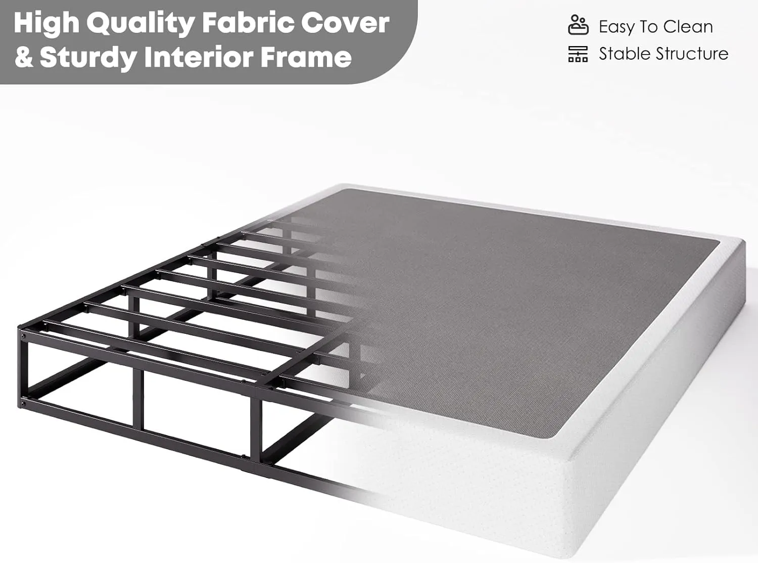 Box-Spring-Queen, 9 inch Metal Queen Box Spring Only, Heavy Duty Queen Size Box Spring with Fabric Cover, Easy Assembly, Non Slip, Noise Free