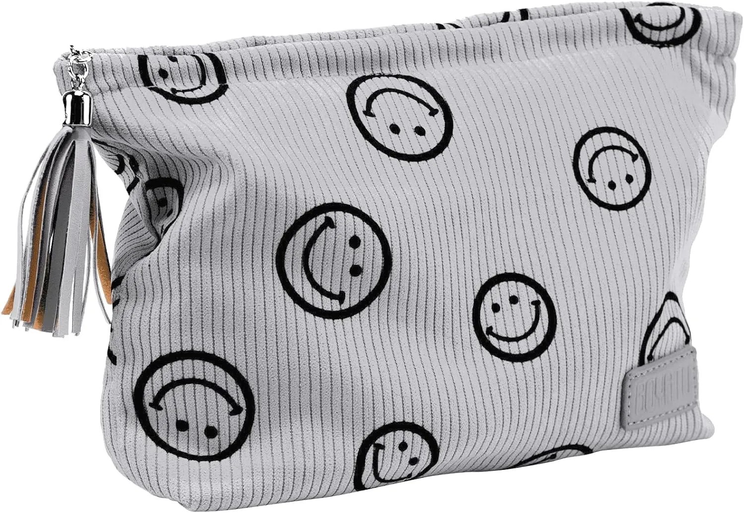 BOYATU Makeup Pouch Small Cosmetic Bag: Cute Pouches for Purse with Tassel - Smiley Face Makeup Bags - Gifts for Teen Girl (03-Grey)