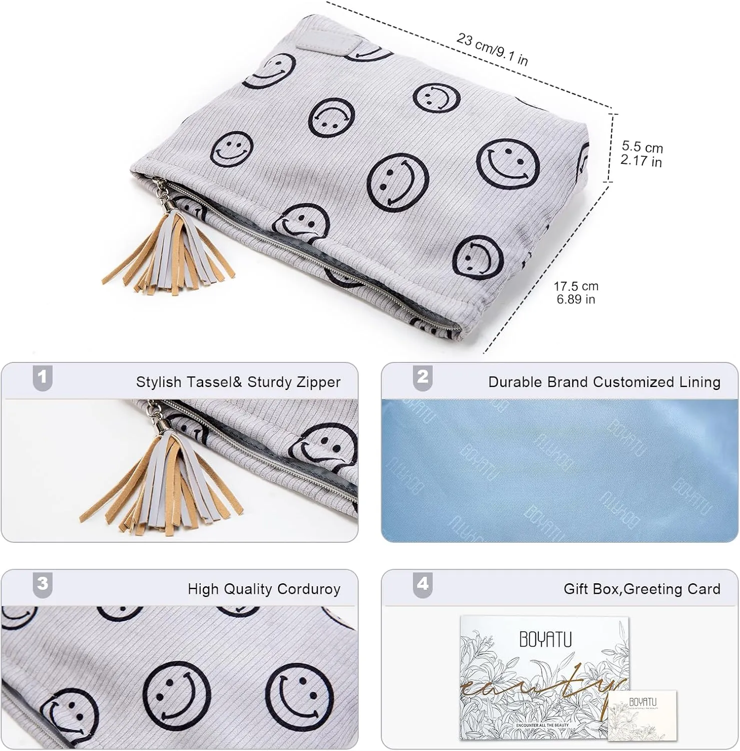BOYATU Makeup Pouch Small Cosmetic Bag: Cute Pouches for Purse with Tassel - Smiley Face Makeup Bags - Gifts for Teen Girl (03-Grey)
