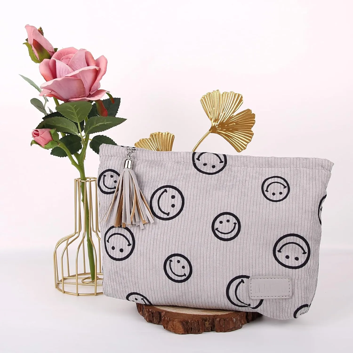 BOYATU Makeup Pouch Small Cosmetic Bag: Cute Pouches for Purse with Tassel - Smiley Face Makeup Bags - Gifts for Teen Girl (03-Grey)