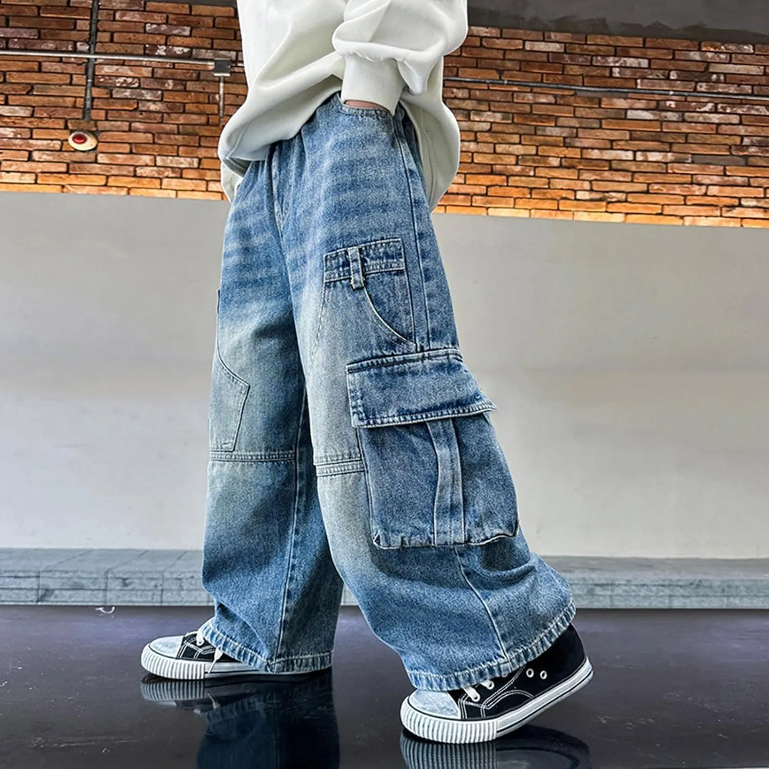 Boys Distressed Oversized Cargo Jeans Fashion 𝐘2K Hip Hop Denim Pants Causal Baggy Wide Leg Jeans with Pockets