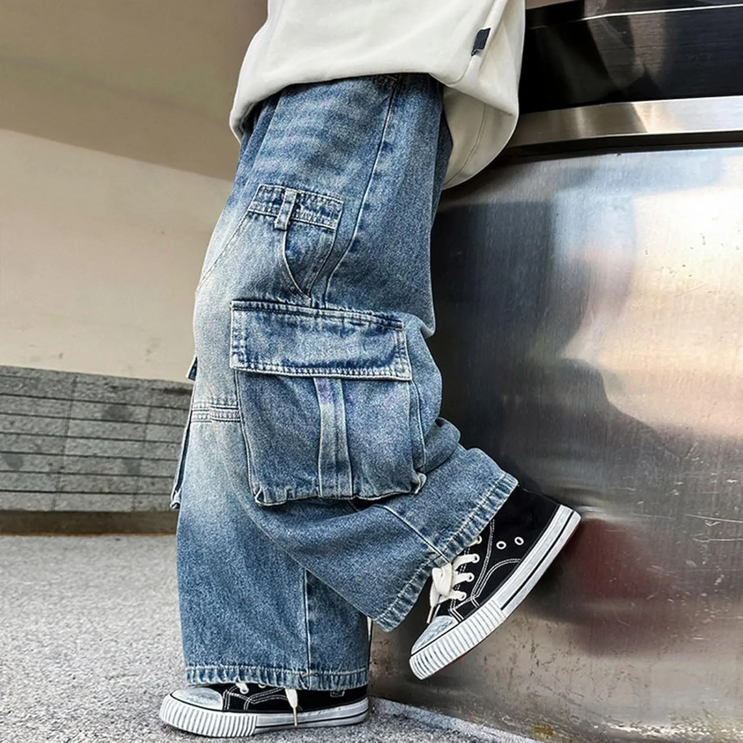 Boys Distressed Oversized Cargo Jeans Fashion 𝐘2K Hip Hop Denim Pants Causal Baggy Wide Leg Jeans with Pockets