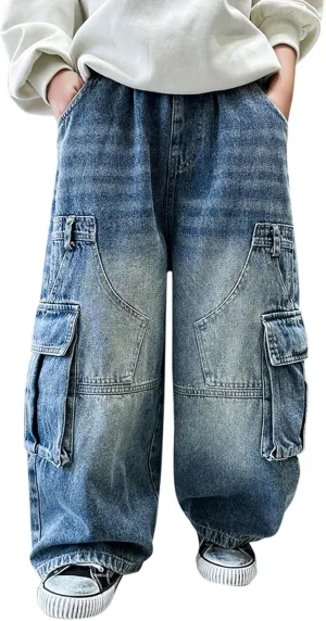 Boys Distressed Oversized Cargo Jeans Fashion 𝐘2K Hip Hop Denim Pants Causal Baggy Wide Leg Jeans with Pockets