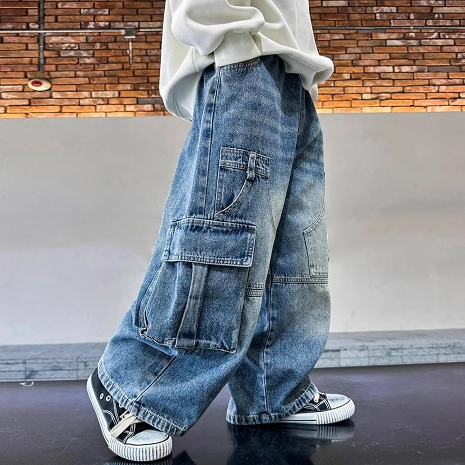 Boys Distressed Oversized Cargo Jeans Fashion 𝐘2K Hip Hop Denim Pants Causal Baggy Wide Leg Jeans with Pockets