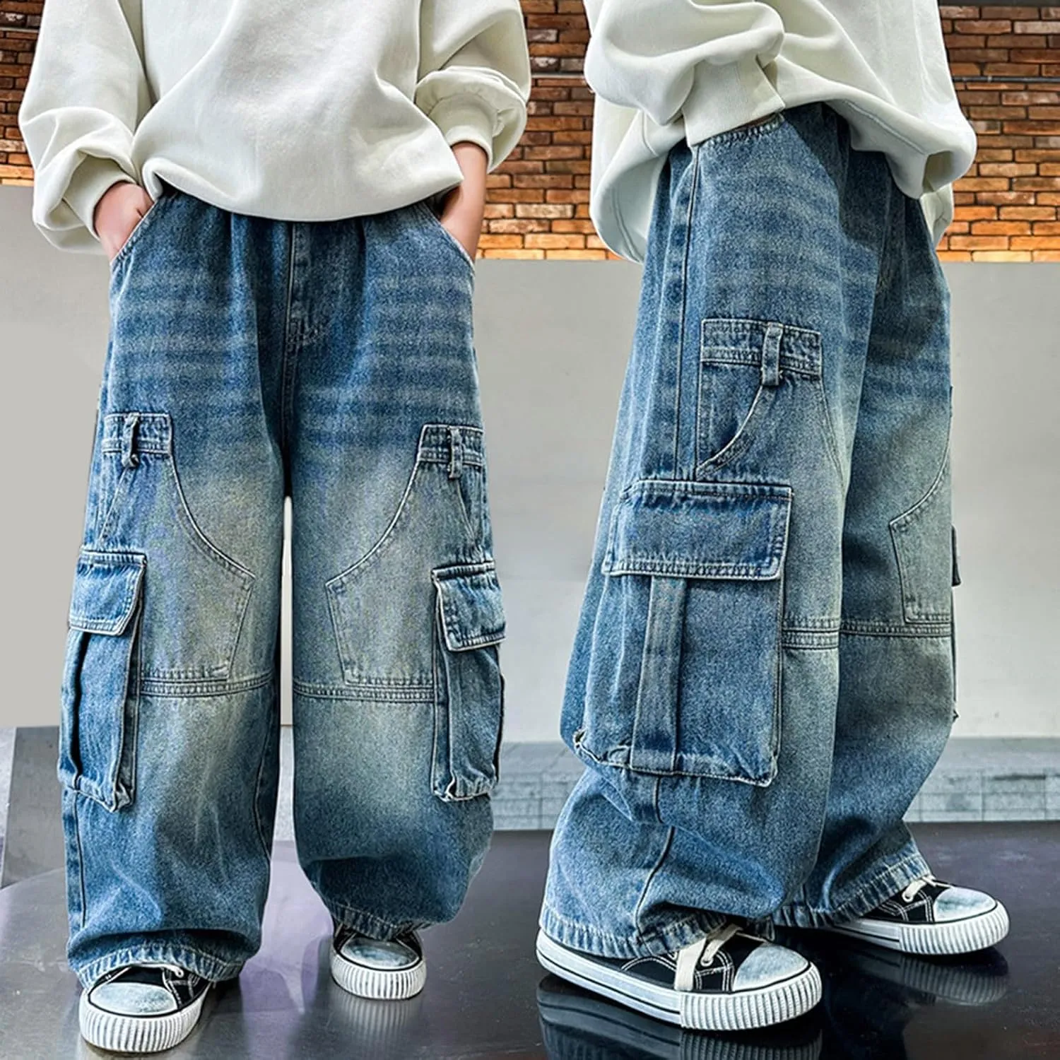Boys Distressed Oversized Cargo Jeans Fashion 𝐘2K Hip Hop Denim Pants Causal Baggy Wide Leg Jeans with Pockets