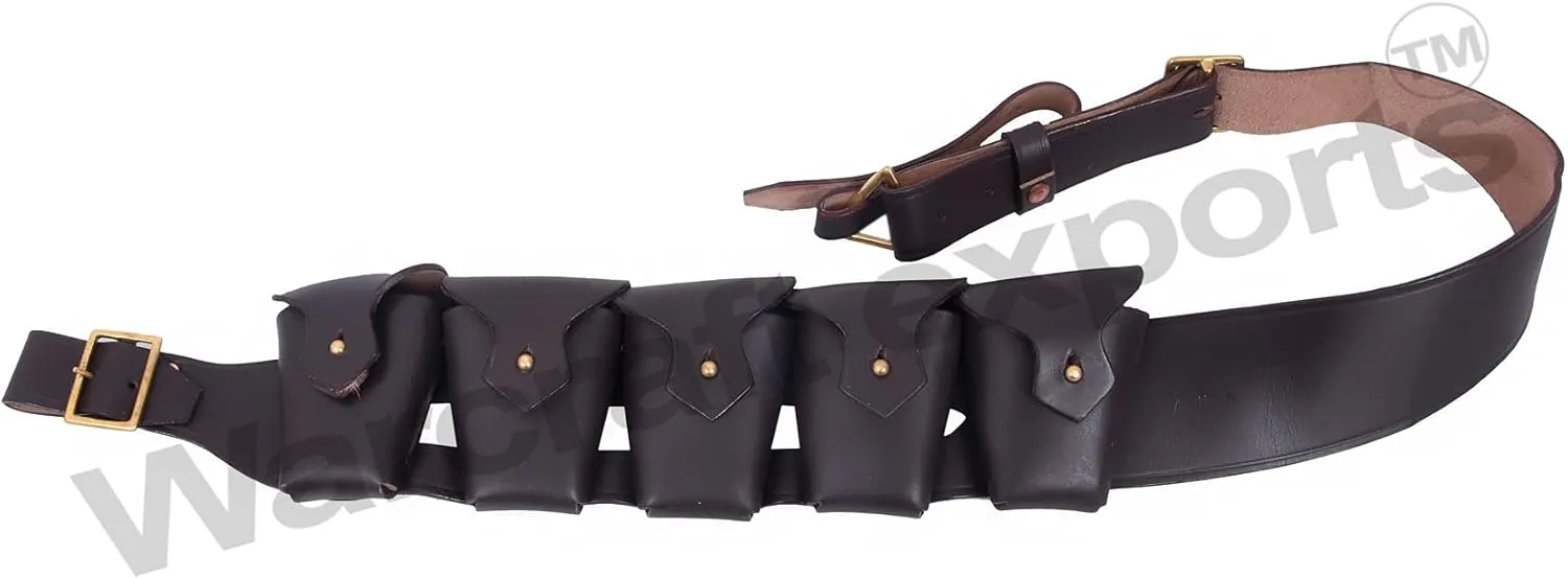British Army Infantry Military Reproduction Genuine Leather Brown 5 Five Pocket Pouches P1903 1903 WW1 WWI & WW2 WWII Ammo Clips Rounds Shoulder Rig Bandolier