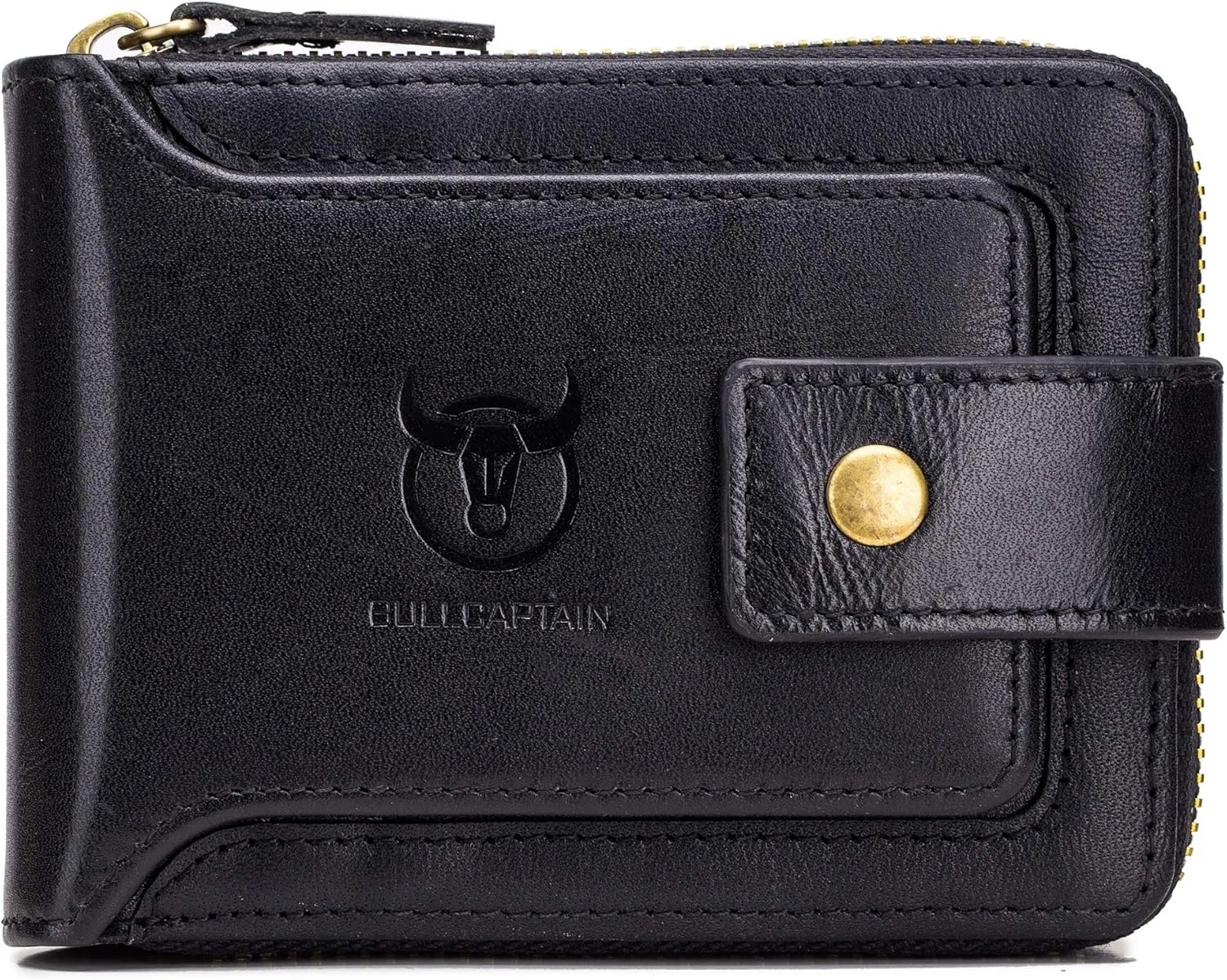 BULLCAPTAIN Mens Genuine Leather Zipper Wallet RFID Blocking Bifold Zip Around Multi Credit Card Holder (black)