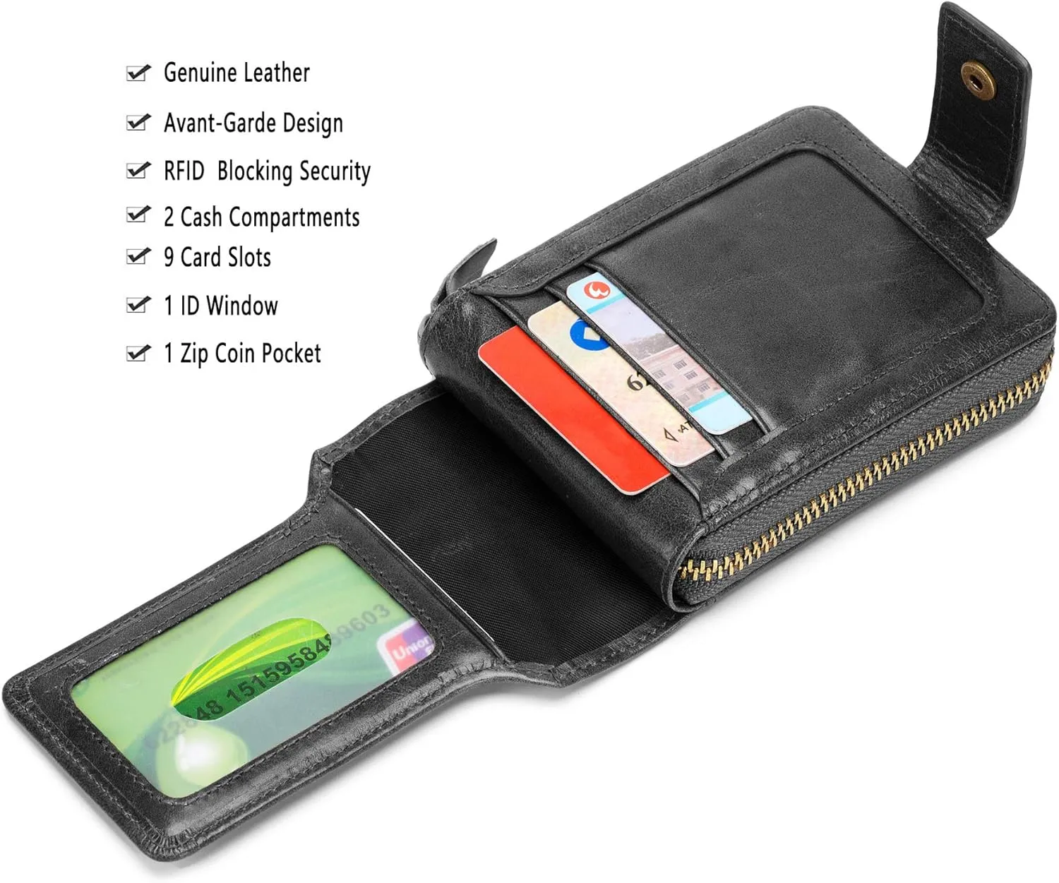 BULLCAPTAIN Mens Genuine Leather Zipper Wallet RFID Blocking Bifold Zip Around Multi Credit Card Holder (black)