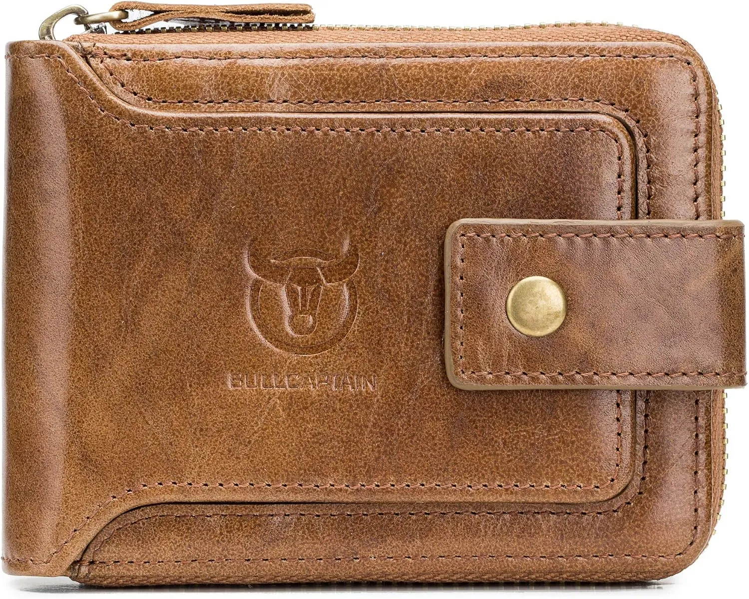 BULLCAPTAIN Mens Genuine Leather Zipper Wallet RFID Blocking Bifold Zip Around Multi Credit Card Holder (brown-2)