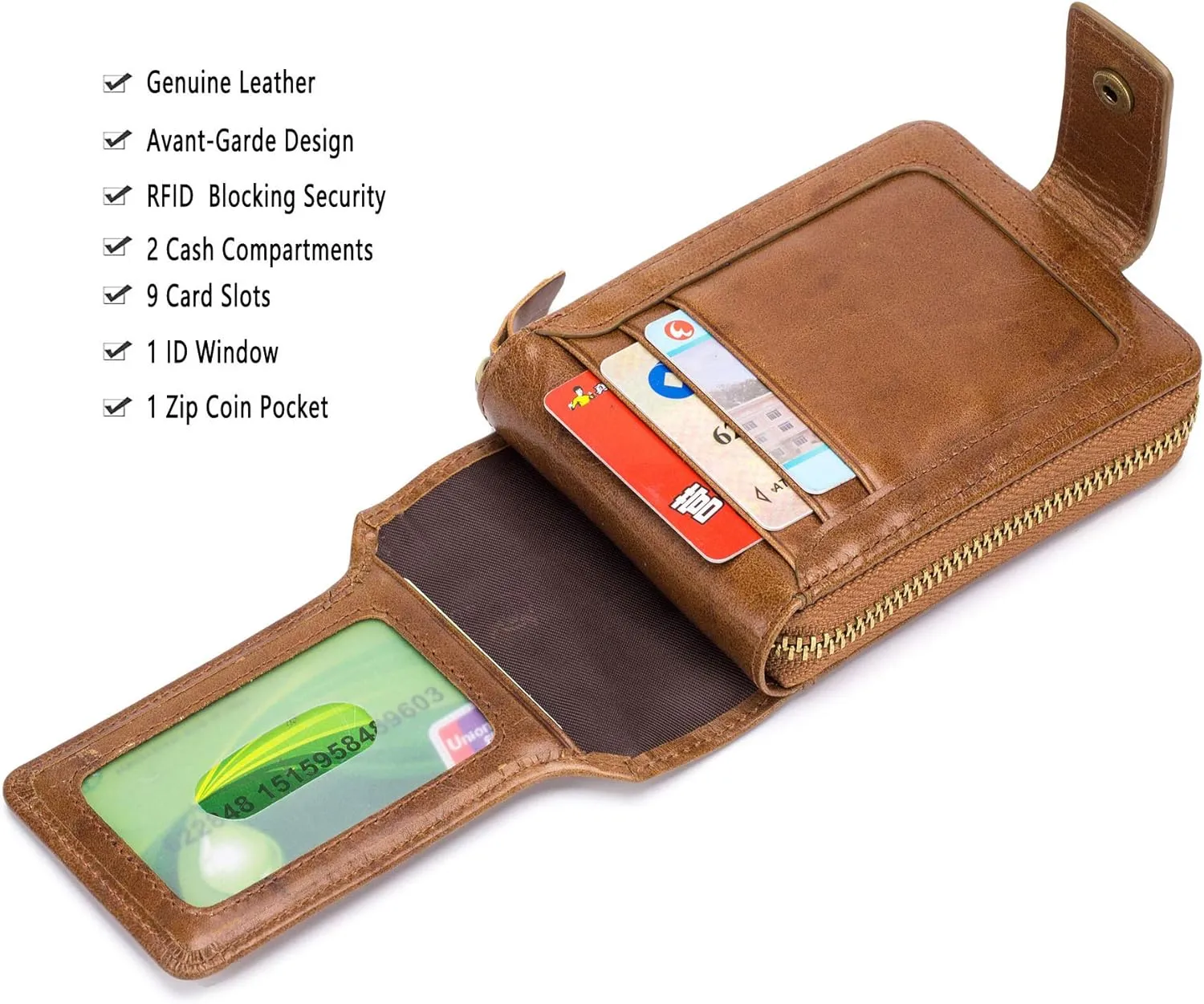 BULLCAPTAIN Mens Genuine Leather Zipper Wallet RFID Blocking Bifold Zip Around Multi Credit Card Holder (brown-2)