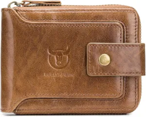 BULLCAPTAIN Mens Genuine Leather Zipper Wallet RFID Blocking Bifold Zip Around Multi Credit Card Holder (brown-2)