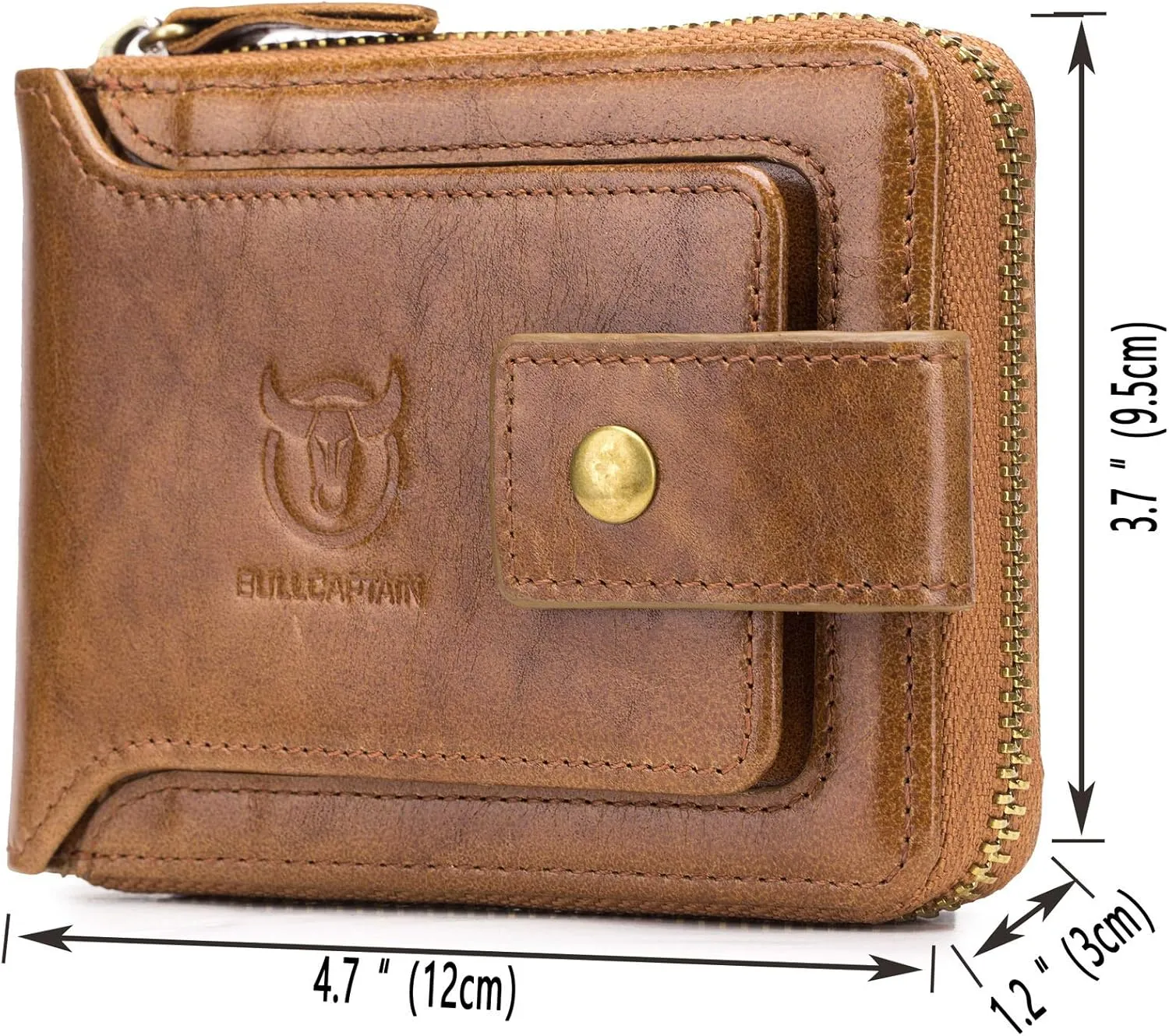 BULLCAPTAIN Mens Genuine Leather Zipper Wallet RFID Blocking Bifold Zip Around Multi Credit Card Holder (brown-2)