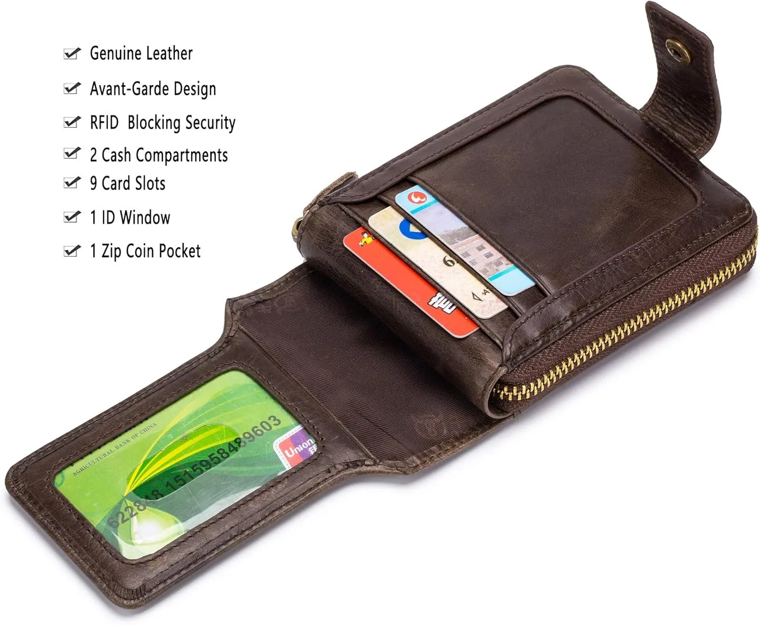 BULLCAPTAIN Mens Genuine Leather Zipper Wallet RFID Blocking Bifold Zip Around Multi Credit Card Holder,Big (brown)