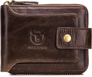BULLCAPTAIN Mens Genuine Leather Zipper Wallet RFID Blocking Bifold Zip Around Multi Credit Card Holder,Big (brown)