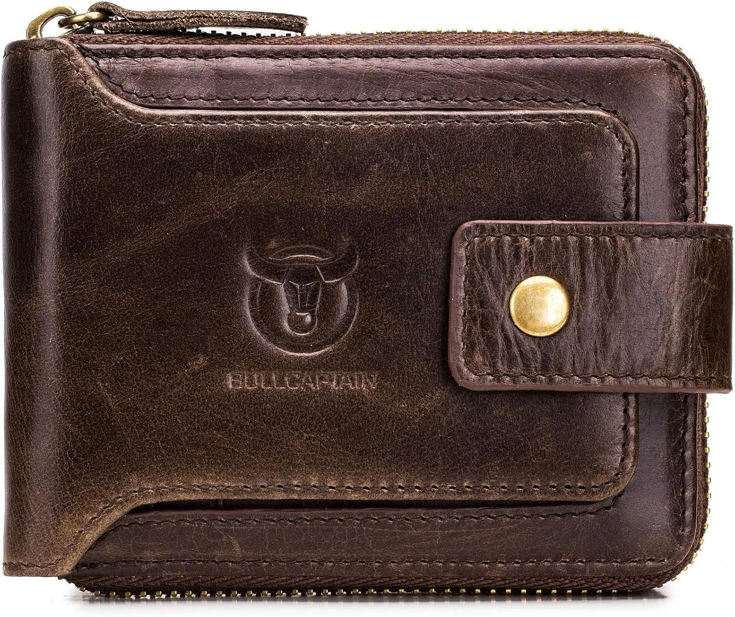 BULLCAPTAIN Mens Genuine Leather Zipper Wallet RFID Blocking Bifold Zip Around Multi Credit Card Holder,Big (brown)