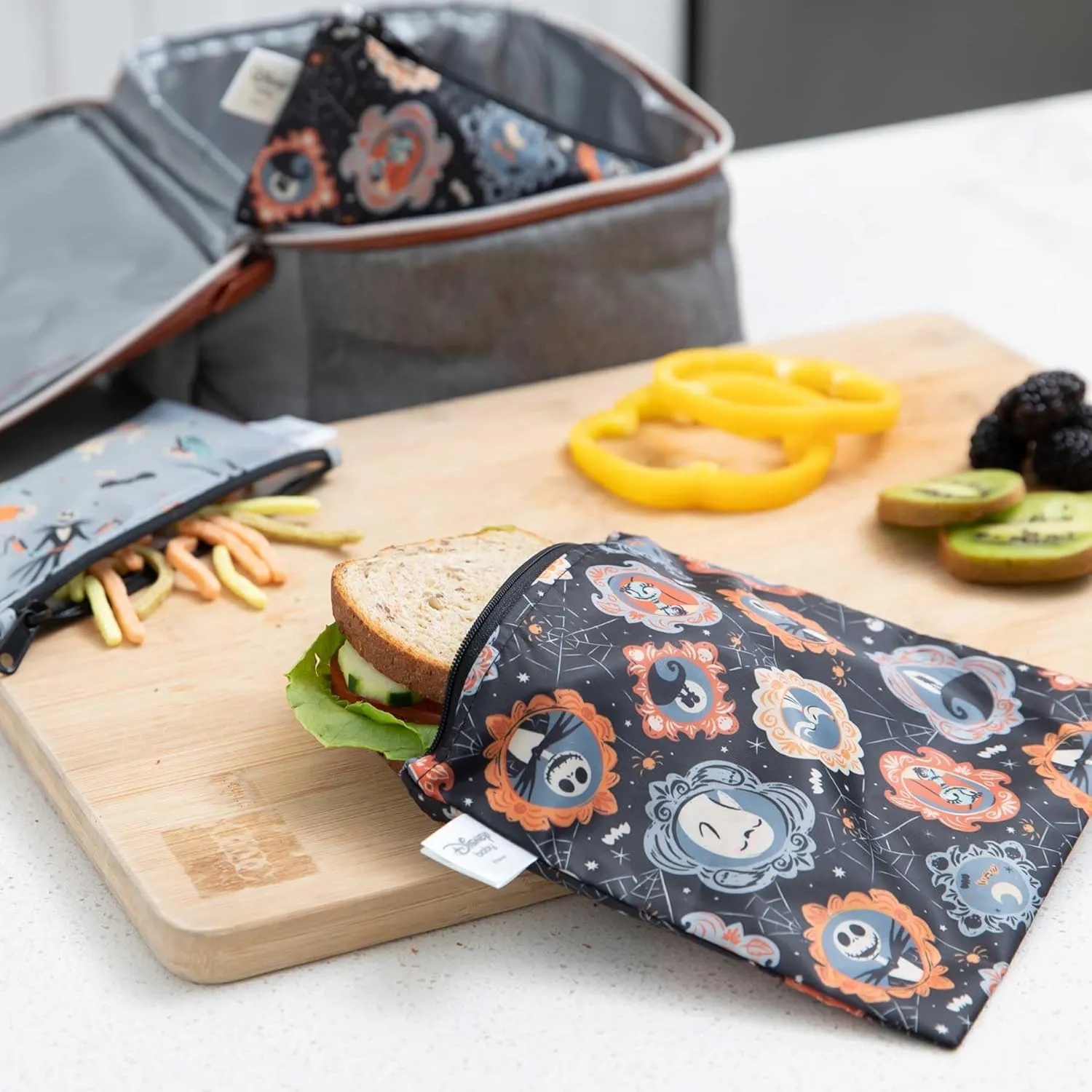 Bumkins Disney Reusable Sandwich and Snack Bags, for Kids School Lunch and for Adults Portion, Washable Fabric, Waterproof Cloth Zip Bag, Travel Pouch, Food Storage, 2-pk Nightmare Before Christmas