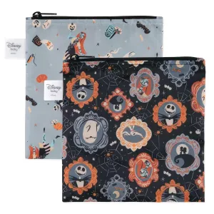 Bumkins Disney Reusable Sandwich and Snack Bags, for Kids School Lunch and for Adults Portion, Washable Fabric, Waterproof Cloth Zip Bag, Travel Pouch, Food Storage, 2-pk Nightmare Before Christmas
