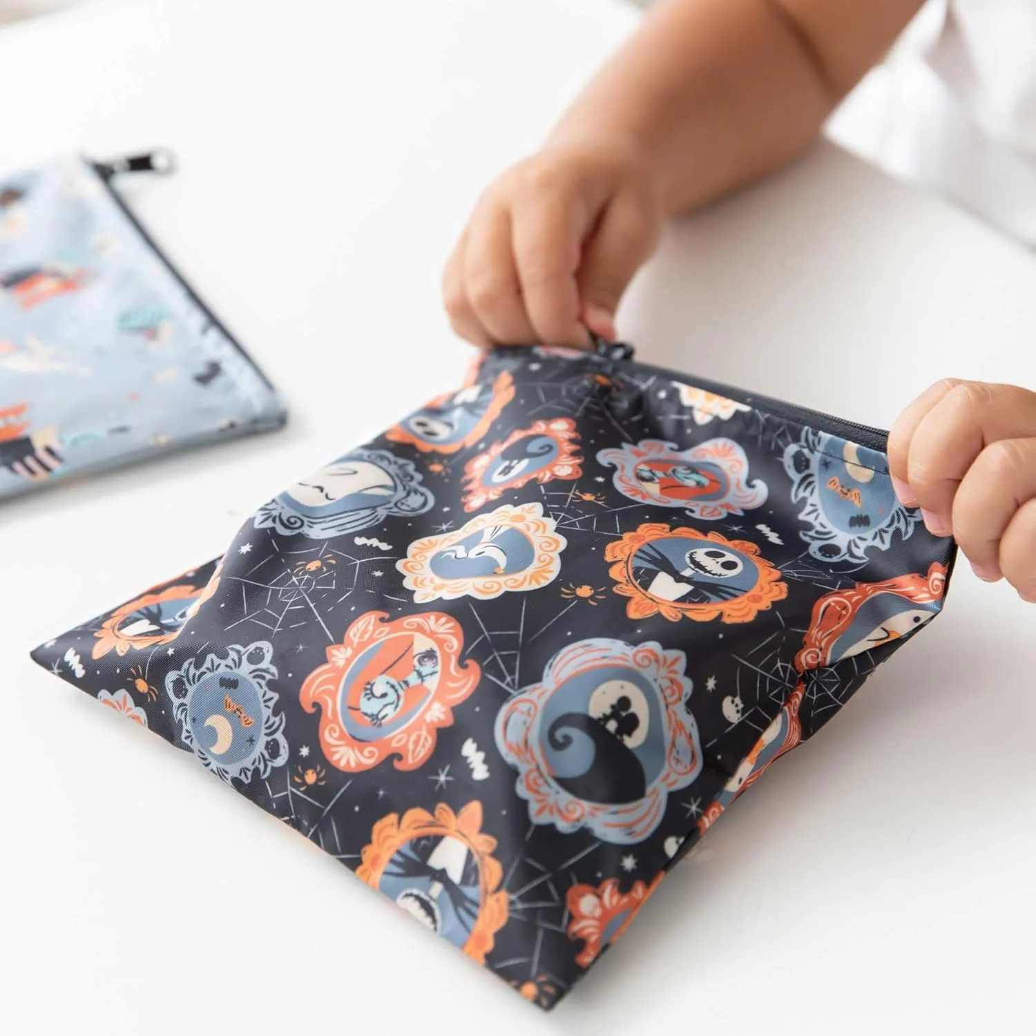 Bumkins Disney Reusable Sandwich and Snack Bags, for Kids School Lunch and for Adults Portion, Washable Fabric, Waterproof Cloth Zip Bag, Travel Pouch, Food Storage, 2-pk Nightmare Before Christmas