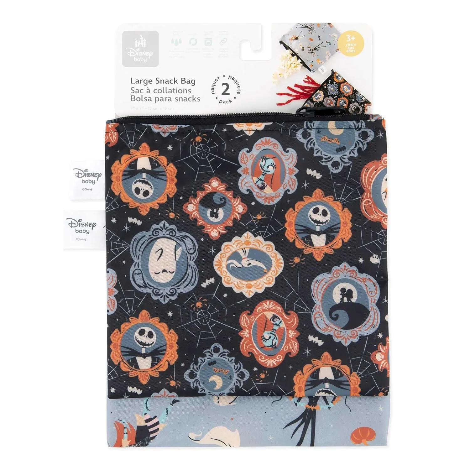 Bumkins Disney Reusable Sandwich and Snack Bags, for Kids School Lunch and for Adults Portion, Washable Fabric, Waterproof Cloth Zip Bag, Travel Pouch, Food Storage, 2-pk Nightmare Before Christmas