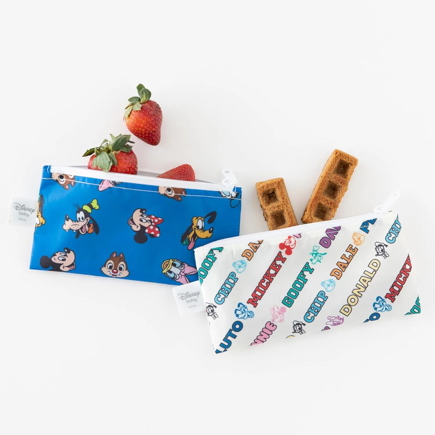 Bumkins Disney Reusable Snack Bags, for Kids School Lunch and for Adults Portion, Washable Fabric, Waterproof Cloth Zip Bag, Supplies Travel Pouch, Food-Safe Storage, 2-pk Mickey and Friends