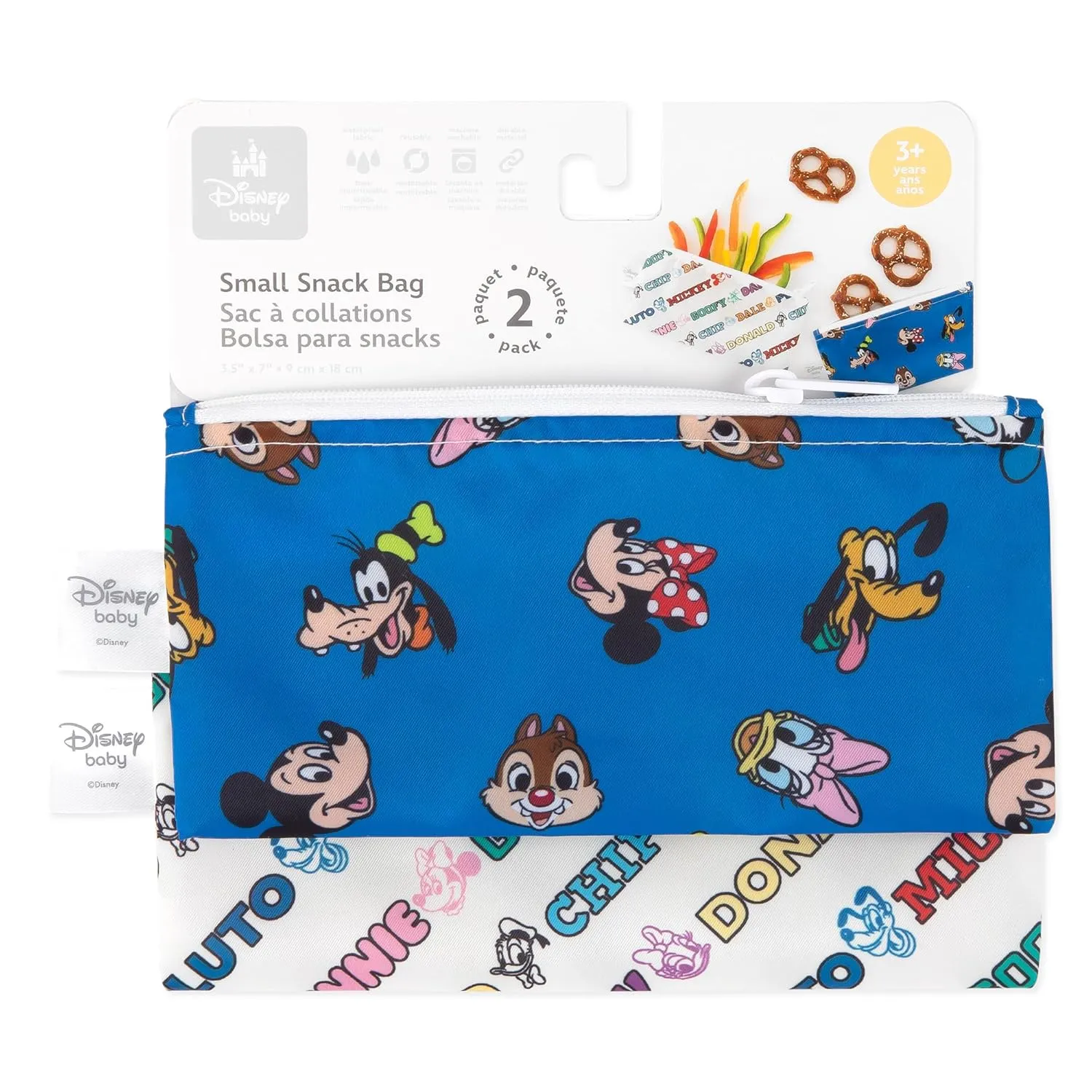 Bumkins Disney Reusable Snack Bags, for Kids School Lunch and for Adults Portion, Washable Fabric, Waterproof Cloth Zip Bag, Supplies Travel Pouch, Food-Safe Storage, 2-pk Mickey and Friends