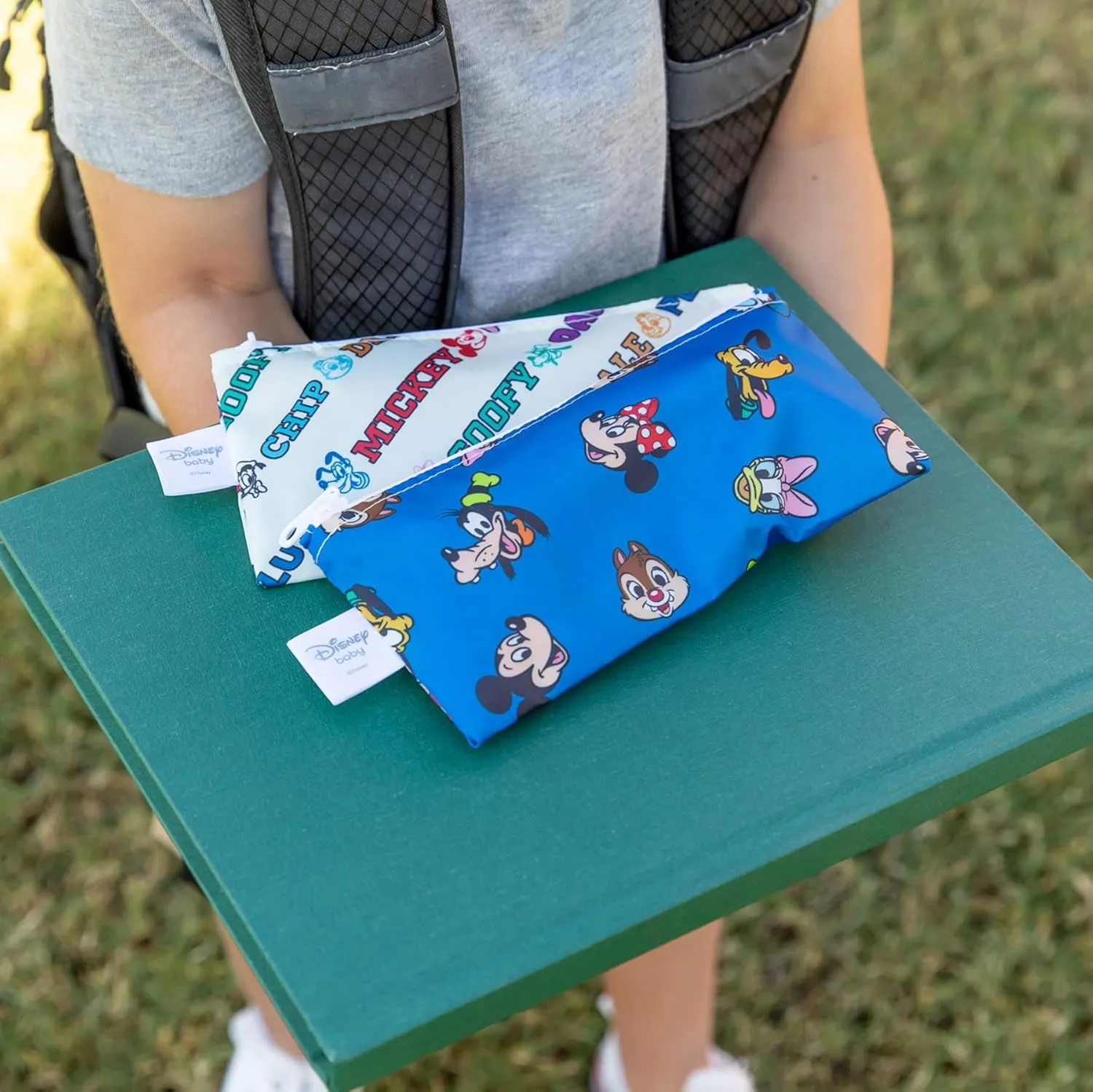 Bumkins Disney Reusable Snack Bags, for Kids School Lunch and for Adults Portion, Washable Fabric, Waterproof Cloth Zip Bag, Supplies Travel Pouch, Food-Safe Storage, 2-pk Mickey and Friends